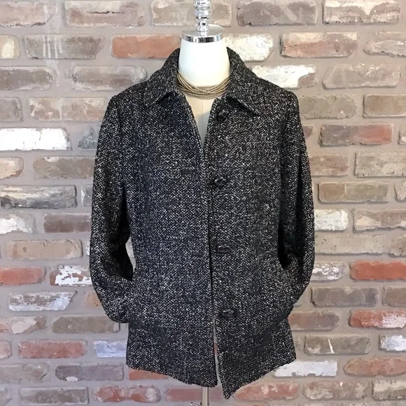 LONDON FOG Women’s Black & White Marled Speckled Textured Wool Blend Coat L - Picture 2 of 8